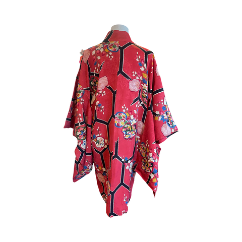 Japanese vintage silk  haori /jacket- dark pink floral