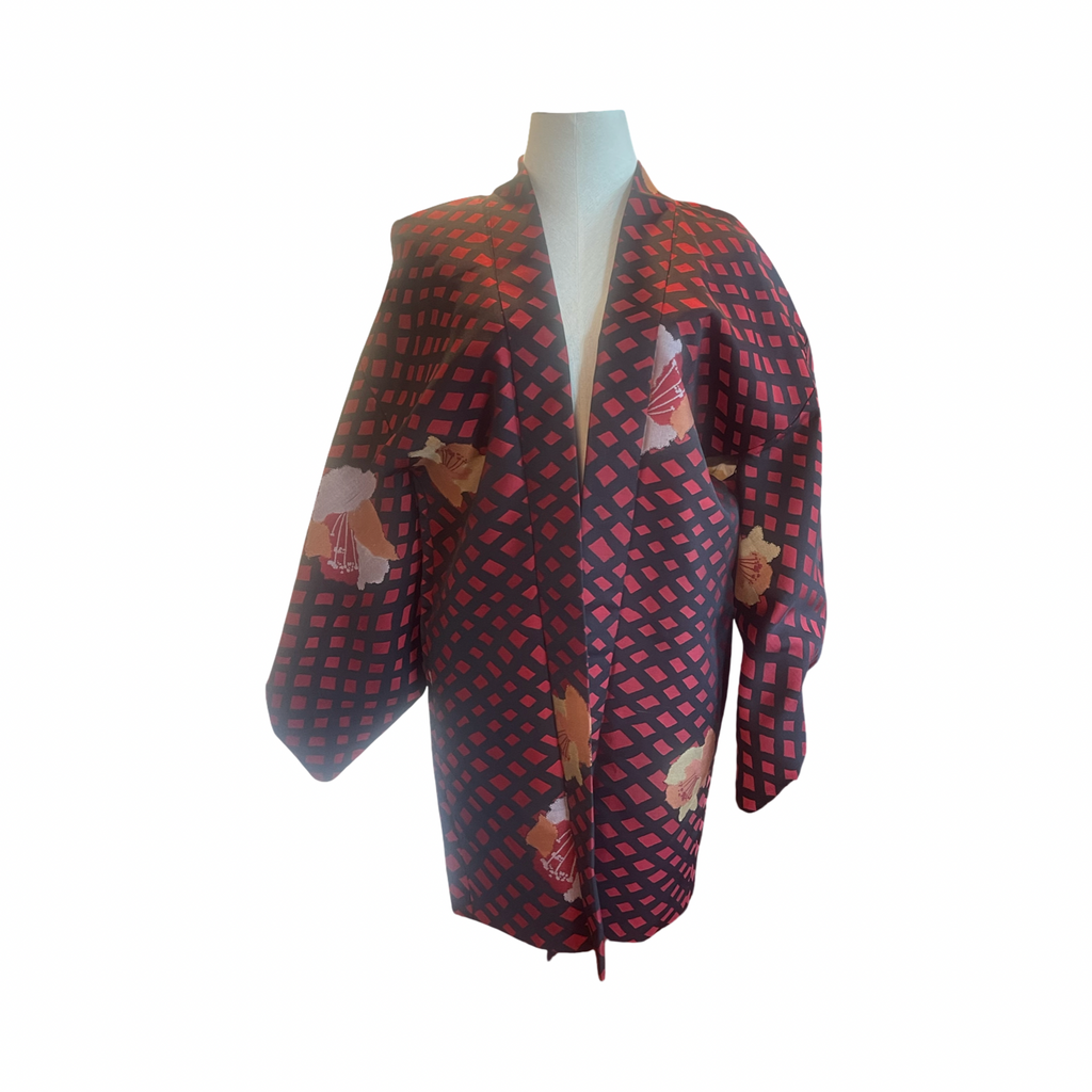 Japanese vintage Meisen silk haori black with repetitive rectangles + flowers