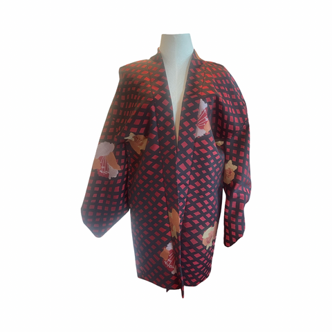 Japanese vintage Meisen silk haori black with repetitive rectangles + flowers