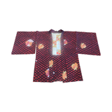 Japanese vintage Meisen silk haori black with repetitive rectangles + flowers