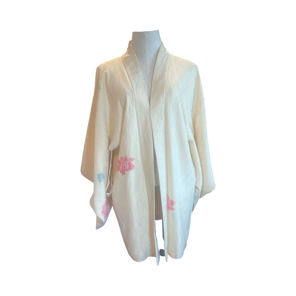 Japanese vintage silk haori /jacket cream embossed with scattered blue + pink shibori flowers