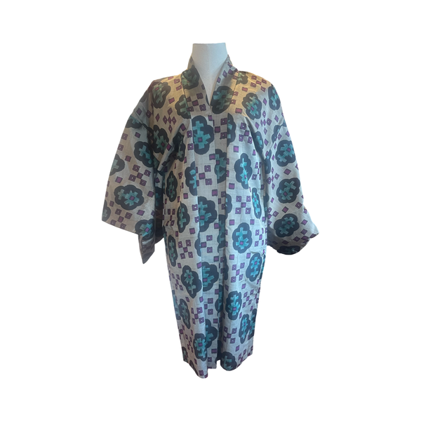 Japanese vintage Meisen silk haori repetitive geometric aubergine, green + grey