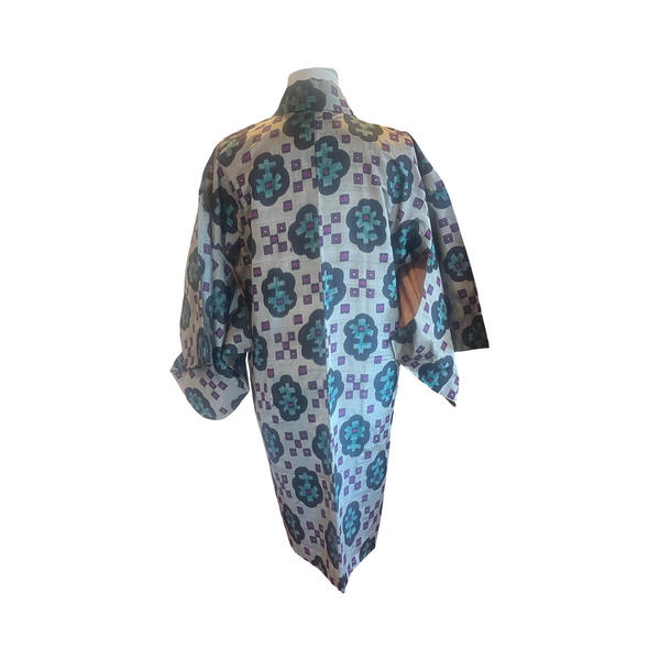 Japanese vintage Meisen silk haori repetitive geometric aubergine, green + grey