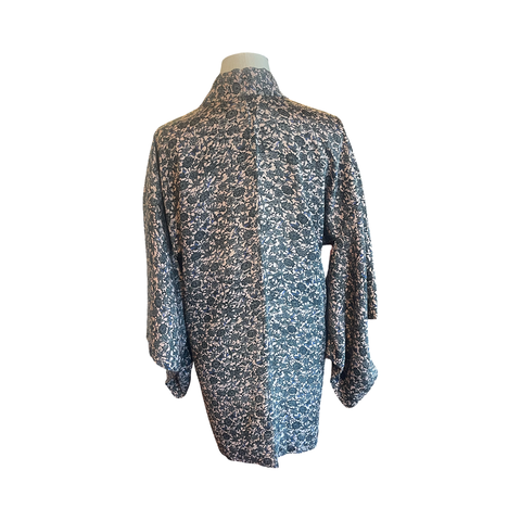 Japanese vintage silk haori /jacket- Stylized pattern of birds, flowers + leaves on pinks