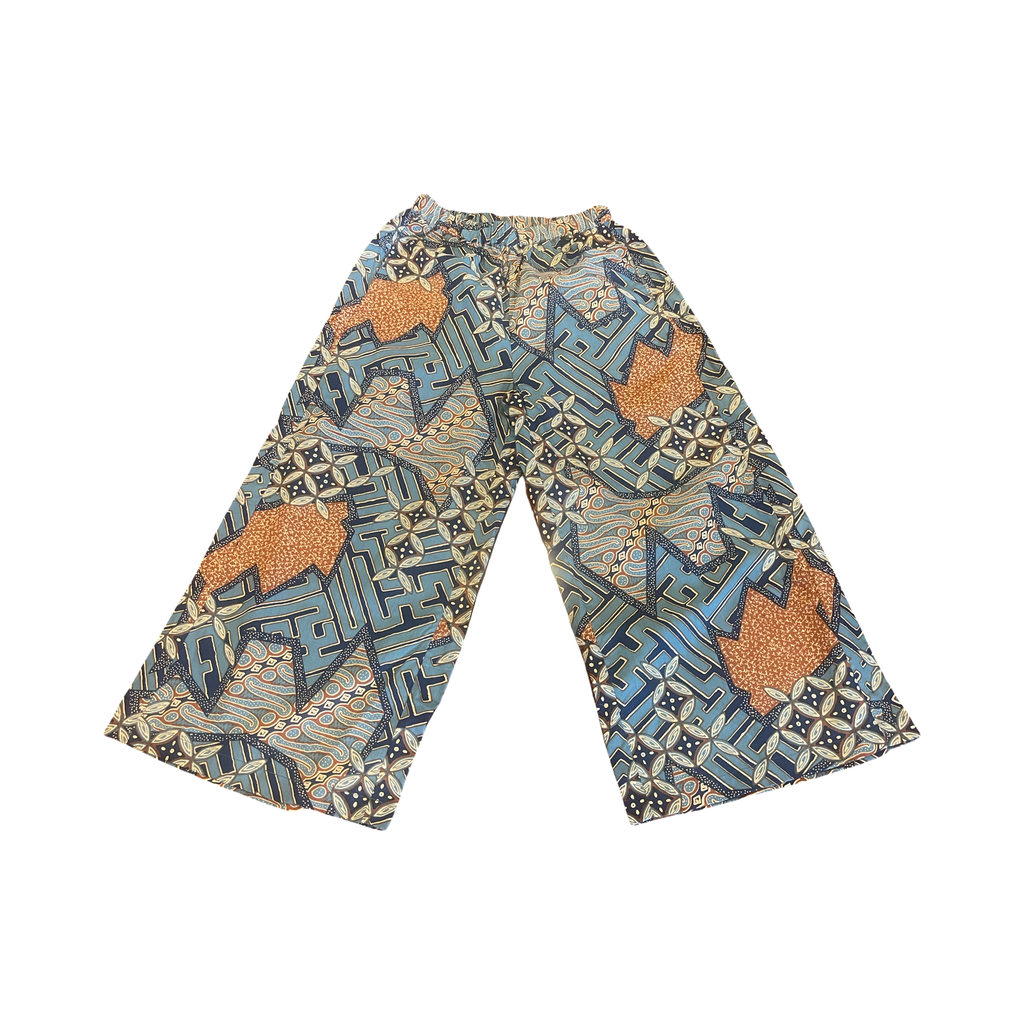 PS01 Pull on batik cotton trousers -geo paisley blue + brown