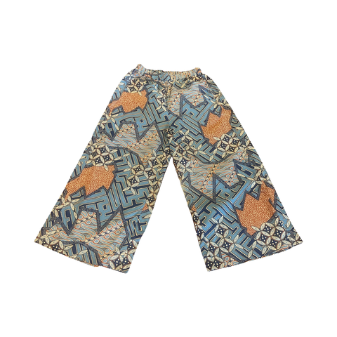 PS01 Pull on batik cotton trousers -geo paisley blue + brown