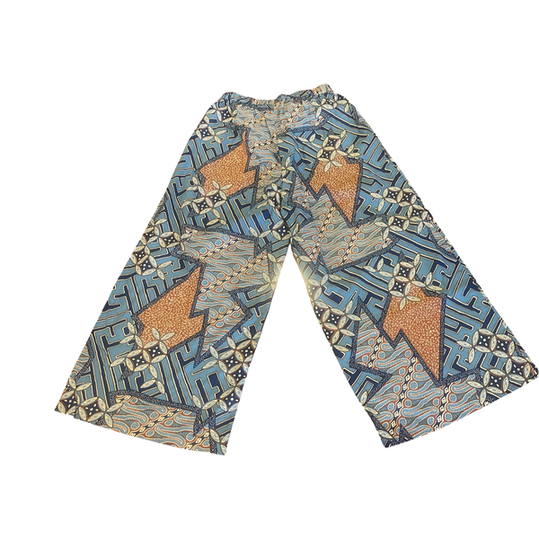 PS01 Pull on batik cotton trousers -geo paisley blue + brown