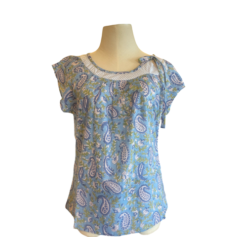 T746 Side neck tie top blue paisley with contrast stripe neck