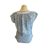 T746 Side neck tie top blue paisley with contrast stripe neck