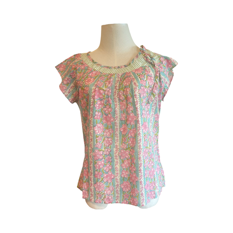T746 Side neck tie top pink floral with contrast neck