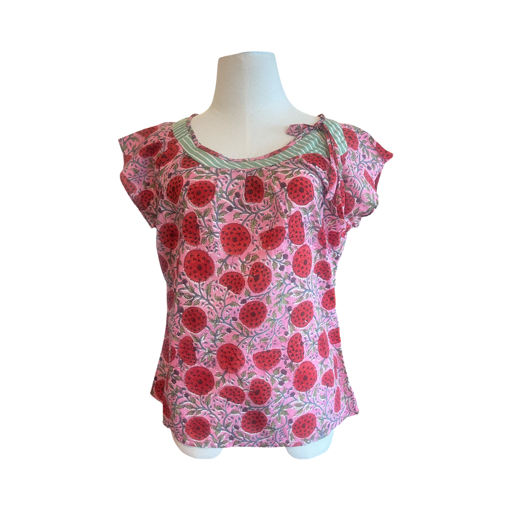 T746 Side neck tie top pink with red fruits and contrast neck