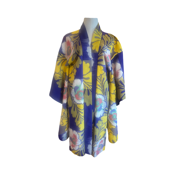 Japanese vintage Meisen  silk haori  floral + leaf yellow + purple