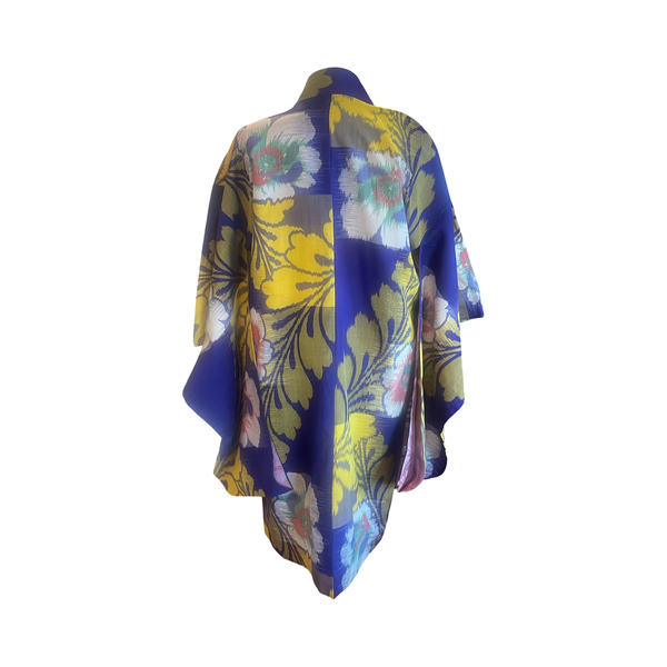 Japanese vintage Meisen  silk haori  floral + leaf yellow + purple