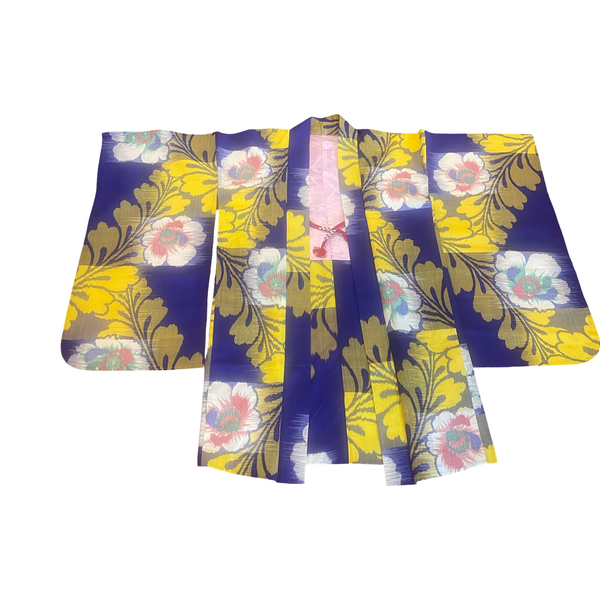 Japanese vintage Meisen  silk haori  floral + leaf yellow + purple
