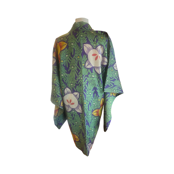 Japanese vintage Meisen silk haori green + navy with large graphic