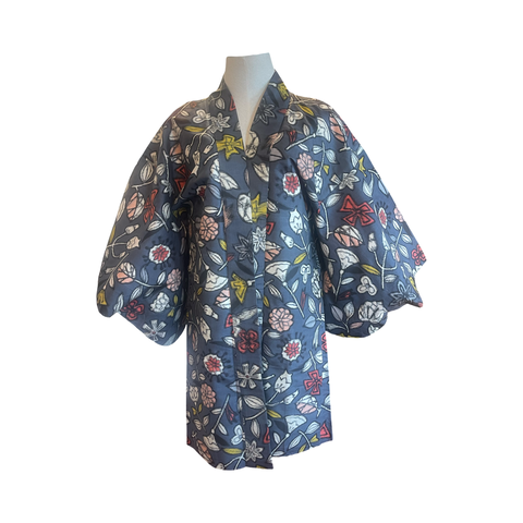 Japanese vintage Meisen silk haori- floral with grey background