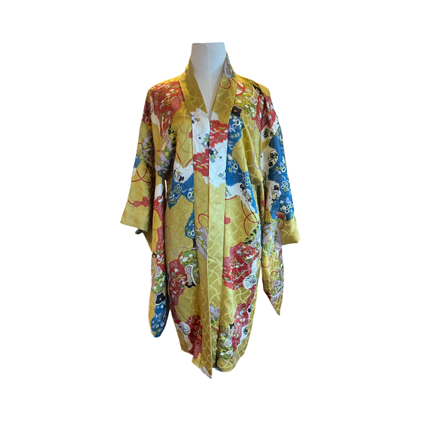 Japanese vintage silk haori /jacket- golden fan + floral