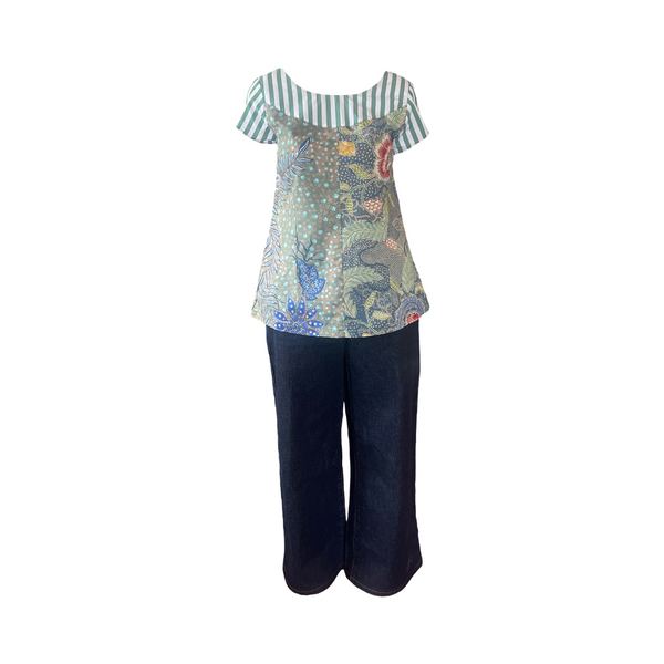 T822 hand print batik top soft blue +green floral