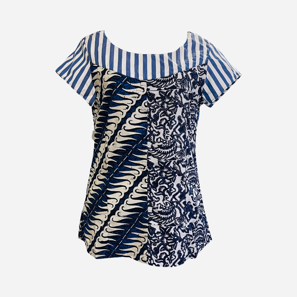 T822 hand print batik top Richly blue