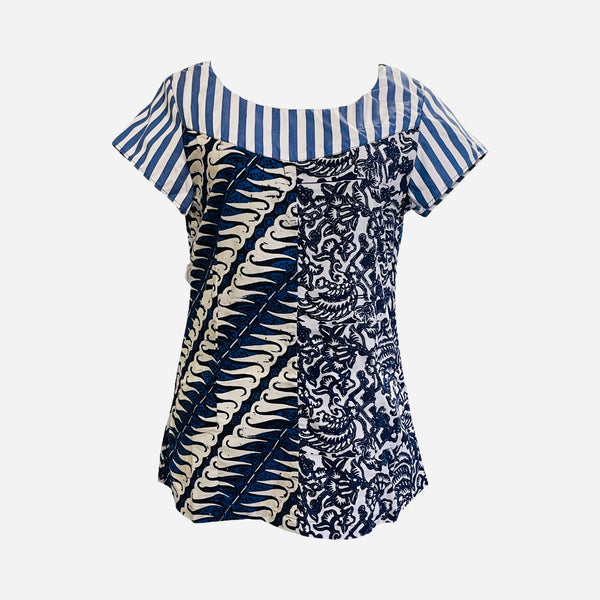 T822 hand print batik top Richly blue