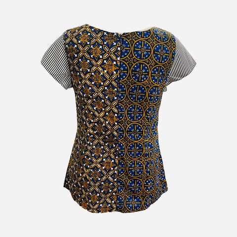 T822 hand print batik top terracota + blue Pekalongan