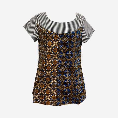 T822 hand print batik top terracota + blue Pekalongan