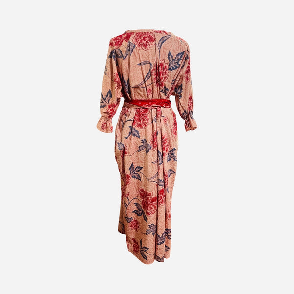 D16626 Ruffled front tab cotton batik maxi dress oatmeal + red L