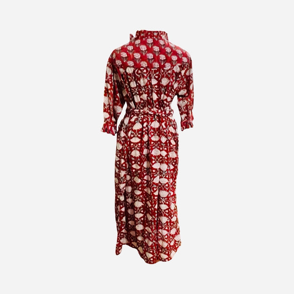 D 285  Pleat neck hand block print cotton smock dress