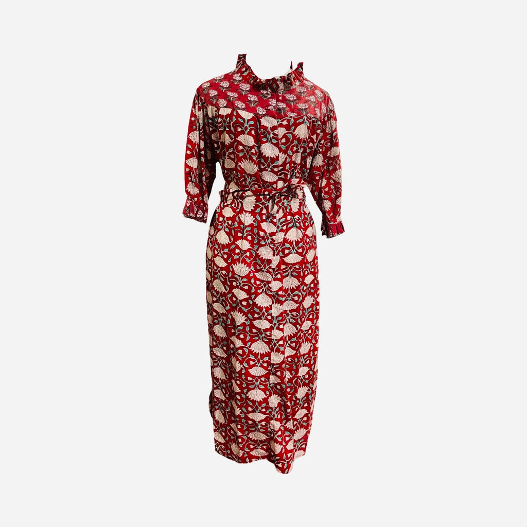 D 285  Pleat neck hand block print cotton smock dress
