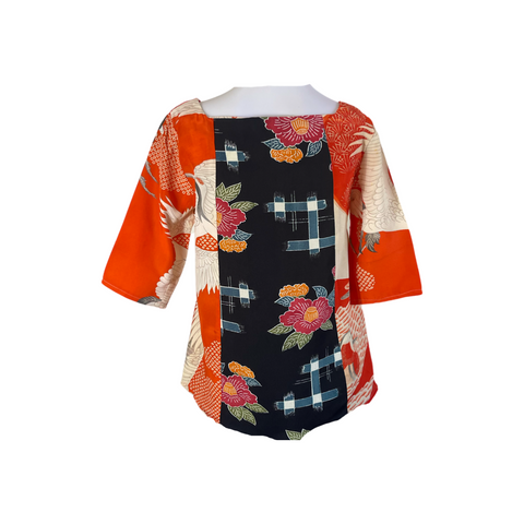 Panelled vintage kimono silk top T821