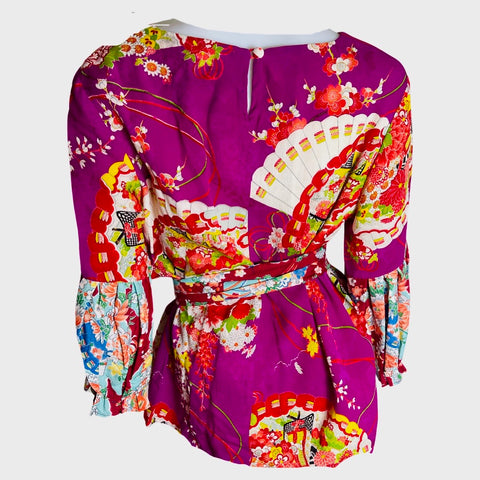 Pleat sleeved vintage kimono silk top T825